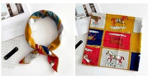 Detail of equestrian theme print on linen square scarf featuring classic horse and saddle patterns