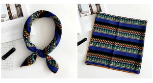 Detail of ethnic geometric print linen silk square scarf with satin finish texture