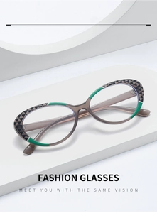 Detail of TR90 cat-eye frame with brown transparency and geometric print pattern