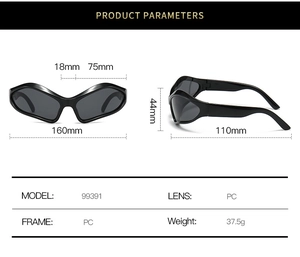Detailed dimension guide for Y2K sporty wraparound sunglasses with PC frame measurements