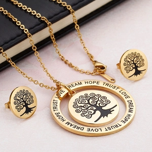 Stainless steel Tree of Life jewelry set with Love Dream Hope Trust engraved ring