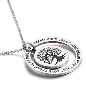 Double-layered tree of life pendant necklace with engraved DREAM HOPE TRUST LOVE words