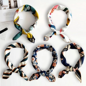 Women Square Satin Feeling Scarf Printed Satin Hair Band Neck Wrap With Leather Ring Decorative Fashion Headscarf