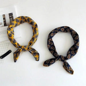 Vintage paisley print silk scarves in yellow and navy blue colors for fashion hair styling