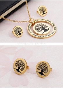 Detailed view of gold stainless steel jewelry set with engraved tree of life design