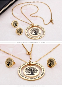 Detailed macro view of gold tree of life jewelry set with engraved inspirational words