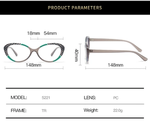 Detailed technical specifications and sizing dimensions for the TR90 cat-eye eyewear frame