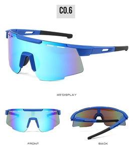 Vue détaillée des lunettes de soleil sportives bleues avec verres dégradés et branches aérées