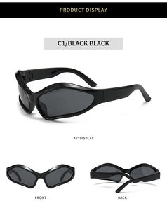 Detail view showing Y2K sporty alien-shaped sunglasses in glossy black with grey lenses