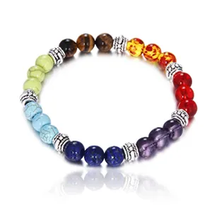 Detail of seven chakra energy beads with tiger eye stones and carved silver alloy spacers