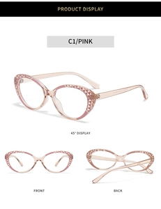 Macro view of pink cat-eye TR90 frames showing detailed diamond pattern engraving