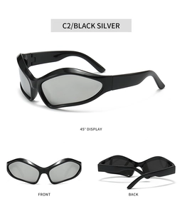 Detail view of Y2K futuristic cat-eye sunglasses in black with silver mirrored lenses