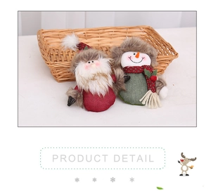 Close-up of Santa and snowman plush ornaments with knit textures on white surface