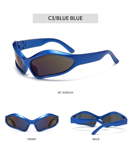Three-way view of blue Y2K sporty sunglasses featuring futuristic wraparound frame design