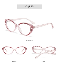 Detailed views of TR90 cat-eye blue light glasses in translucent pink with geometric patterns