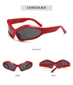 Three-view display of Y2K futuristic red wraparound sports sunglasses with black lenses