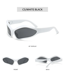 Detailed views of white Y2K sports sunglasses with dark lenses from multiple angles