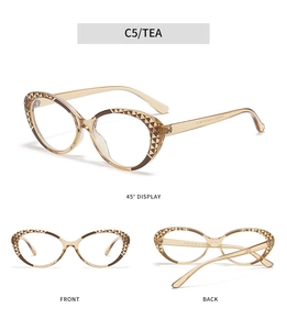 Detail view of tea-colored TR90 cat-eye frames with geometric textures and multi-angle shots