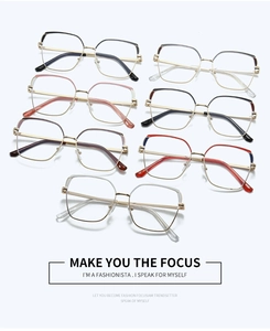 Flat lay of square oversized blue light glasses frames in seven diverse trendy colors
