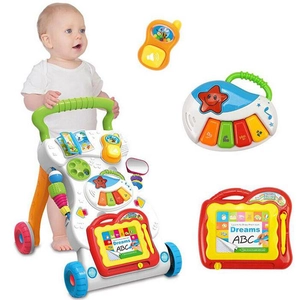 Multi-functional baby walker with musical piano, drawing board and colorful activity toys