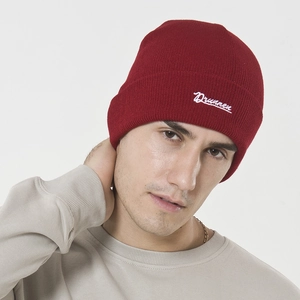 Red knit beanie hat with white letter embroidery for men and women outdoor warmth