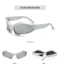 Futuristic silver Y2K sports sunglasses featuring wrap-around frames and mirrored lenses