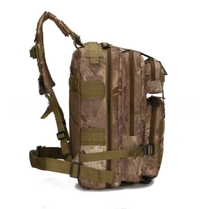 Side view of tactical backpack showing MOLLE system webbing and breathable mesh straps