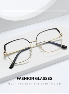 Detail view of stylish square gold and black metal glasses on white display blocks