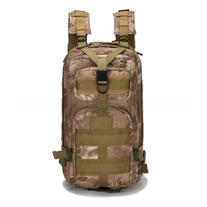 Detail view of tactical outdoor backpack with MOLLE webbing and tan snake camouflage pattern