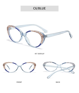 Detail view of TR90 cat eye glasses featuring colorful geometric patterns and blue frames