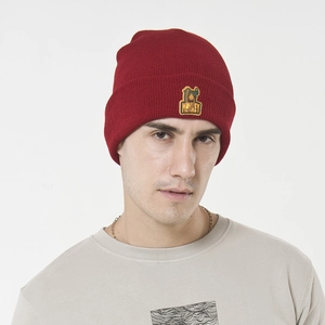 Men's knitted beanie in burgundy with monkey embroidery patch, soft winter warm headwear