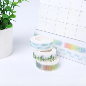 Three-roll washi tape set featuring hand-drawn clouds, forests, and rainbow patterns