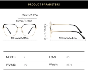 Detailed size specifications for square metal frame blue light blocking glasses with dimensions