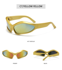 Detailed views of yellow wrap-around sports sunglasses with colorful mirror lenses