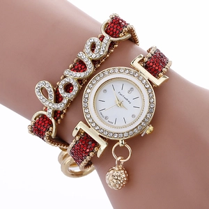 Golden rhinestone LOVE bracelet watch set with sparkling red sequin strap for women