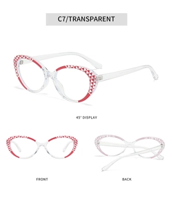 Detailed views of TR90 cat eye glasses frames with red triangle patterns in C7 transparent