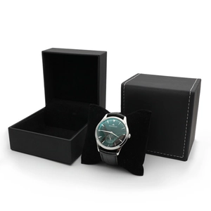 Premium black leather watch box with white stitching and plush velvet cushion pillow