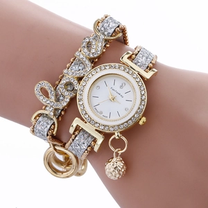 Women Fashion Quartz Watch Bracelet Design Rhinestone LOVE Letters Multi-wrap Alloy Case PU Strap Metal Pendant