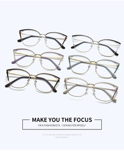 Cat-eye metal eyeglass frames in six assorted colors with stylish hollowed-out temples