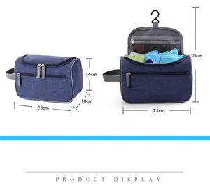 Detailed size guide of blue waterproof toiletry bag with hook and dual zipper