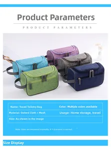 Detail of travel toiletries bag set in five colors with mesh design and sturdy handles