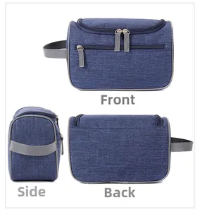 Front, side, and back views of a durable navy blue waterproof toiletry storage bag