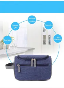 Detail of waterproof dark blue toiletry bag with zipper pockets and side handle