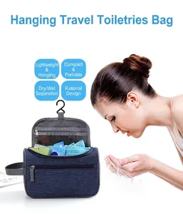 Close-up of hanging toiletry bag with waterproof fabric and multi-layer storage