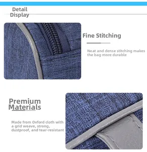 Detail of dark blue oxford fabric showing grid weave texture and reinforced stitching