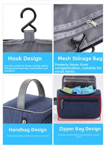 Detail view of waterproof wash bag featuring hanging hook, mesh pockets, and sturdy handle
