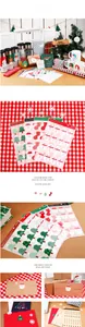 Detailed view of Christmas stickers featuring Santa, snowmen, and trees for gift wrapping
