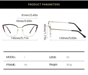 Detailed size chart for cat eye glasses frames showing lens width and arm length specs