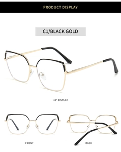 Detailed views of square cat eye glasses frames in black and gold metal finish