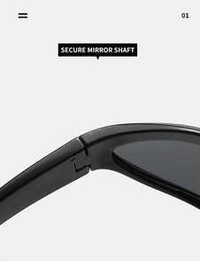 Detail view of the secure mirror shaft and reinforced hinge on black Y2K sports sunglasses